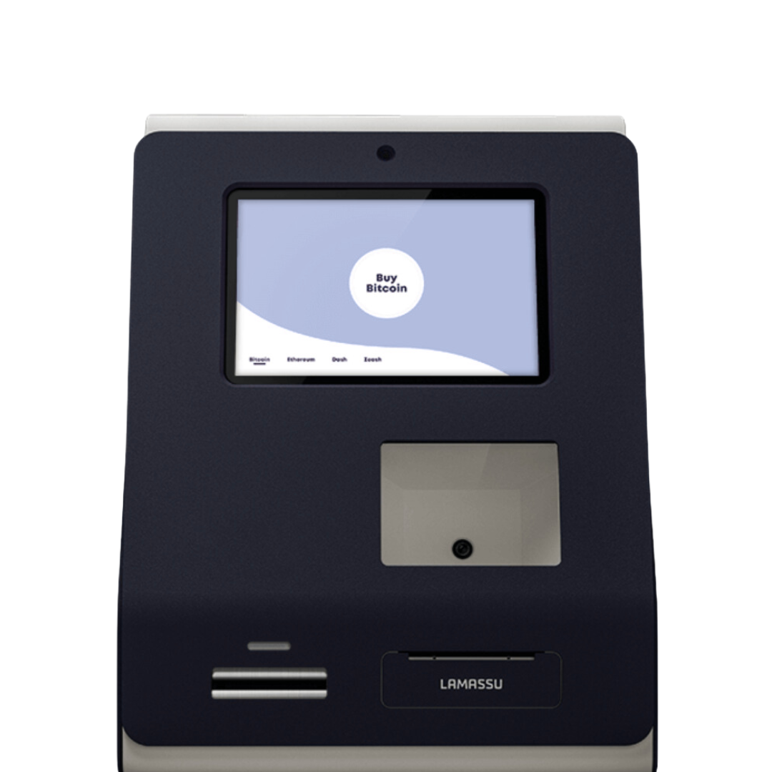 Close-up of a cryptocurrency ATM machine displaying a 'Buy Bitcoin' option on the screen.